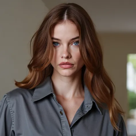Journalist pose, ((meio corpo)), intense red hair , casual clothes