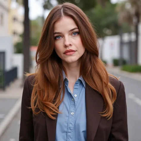 Journalist pose, ((meio corpo)), intense red hair , casual clothes