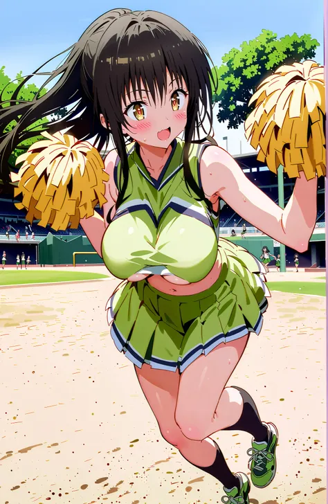 yuikotegawa,  Yui Kotegawa , black hair, brown eyes in the oral vagina,Glowing Skin,long hair,smile,blush,open your mouth,Big Breasts,breasts are shaking,(Cheerleading), (full body),  on chest, (sweated), sweated Wet Clothes, (green clothes),sleeveless, pl...