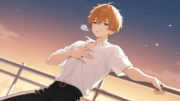 Gold、male、1 person、white shirt、black pants、Hold your chest with your right hand 、Chest pain、The wind is blowing