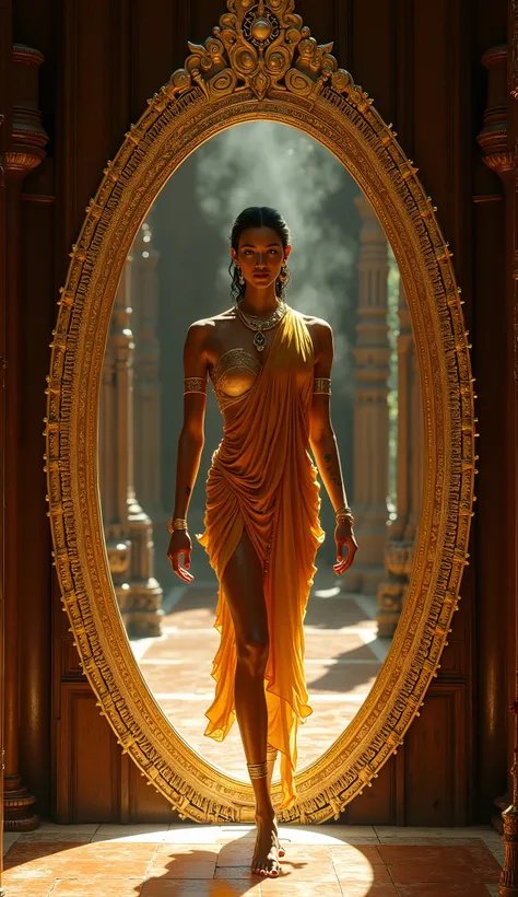 (8K, Ultra realistic, Masterpiece)
A radiant Thai goddess wearing only a flowing golden shawl and sacred tattoos steps through an ancient oval mirror embedded in the wall of a wooden shrine. Her presence is ethereal, divine, and magnetic. The mirror glows ...