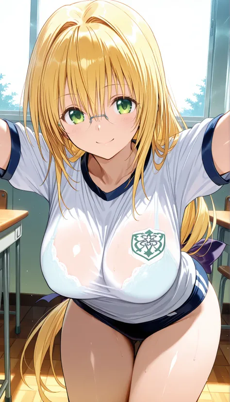 masterpiece, score_9, score_8_up, score_7_up, anime, pinup, greatest masterpiece, full twinkle, perfect face, best quality in bronze, high resolution, 1 girl, Tearju,blonde hair,green eyes,low-tied long hair,blue hair bow, t_glasses,rimless glasses, light ...