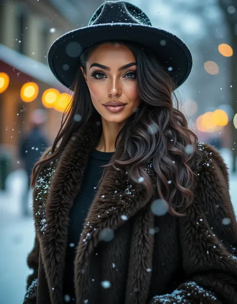 a portrait of a woman with dark hair and piercing eyes, wearing a fur coat and hat, her makeup is subtle and seductive, standing in the snow with christmas lights in the background, wet gouache painting, winter scene, (best quality,4k,8k,highres,masterpie...