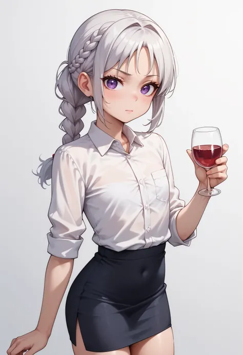 source_anime ,score_9, score_8_ up, score_7, ((White background)) White skin ((Russian woman)) ((1girl)) (narrow-eyed) Fierce face ,slender face, , (solo girl) ,30 years old, rathing_questionable , (purple eyes), (White ponytail braid:1.2), (White collared...