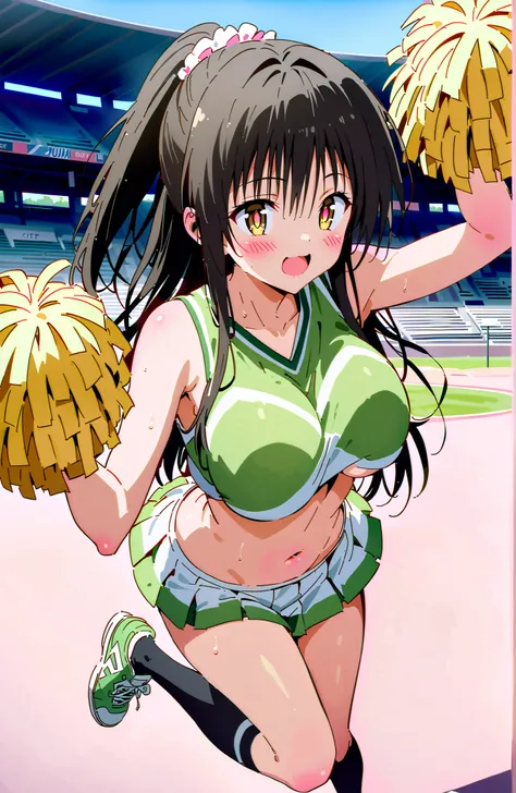 yuikotegawa,  Yui Kotegawa , black hair, brown eyes in the oral vagina,Glowing Skin,long hair,smile,blush,open your mouth,Big Breasts,my heart is shaking,(Cheerleading), (full body),  on chest, (sweated), sweated Wet Clothes, (green clothes),sleeveless, pl...