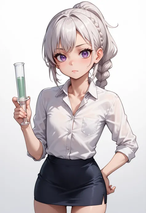 source_anime ,score_9, score_8_ up, score_7, ((White background)) White skin ((Russian woman)) ((1girl)) (narrow-eyed) Fierce face ,slender face, , (solo girl) ,30 years old, rathing_questionable , (purple eyes), (White ponytail braid:1.2), (White collared...