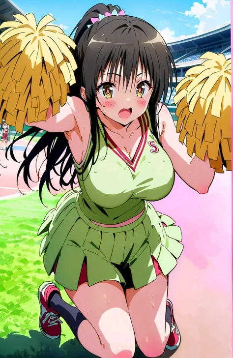 yuikotegawa,  Yui Kotegawa , black hair, brown eyes in the oral vagina,Glowing Skin,long hair,smile,blush,open your mouth,Big Breasts,my heart is shaking,(Cheerleading), (full body),  on chest, (sweated), sweated Wet Clothes, (green clothes),sleeveless, pl...