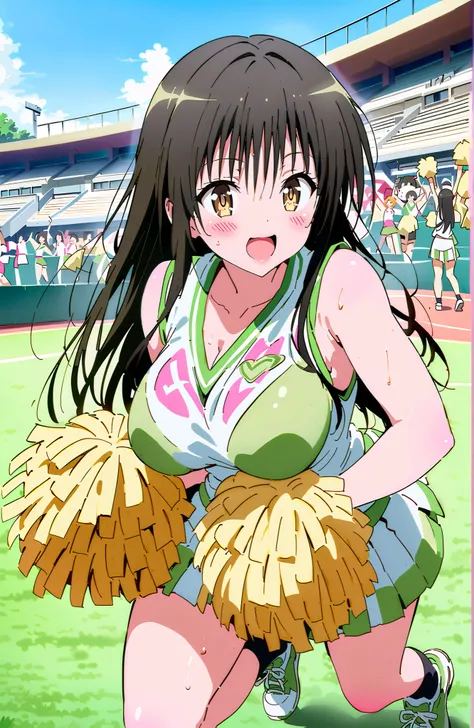 yuikotegawa,  Yui Kotegawa , black hair, brown eyes in the oral vagina,Glowing Skin,long hair,smile,blush,open your mouth,Big Breasts,my heart is shaking,(Cheerleading), (full body),  on chest, (sweated), sweated Wet Clothes, (green clothes),sleeveless, pl...