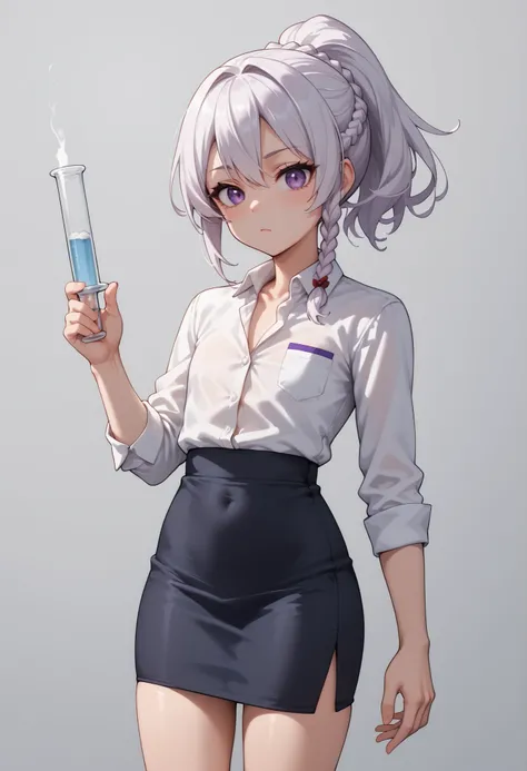 source_anime ,score_9, score_8_ up, score_7, ((White background)) White skin ((Russian woman)) ((1girl)) (narrow-eyed) Fierce face ,slender face, , (solo girl) ,30 years old, rathing_questionable , (purple eyes), (White ponytail braid:1.2), (White collared...