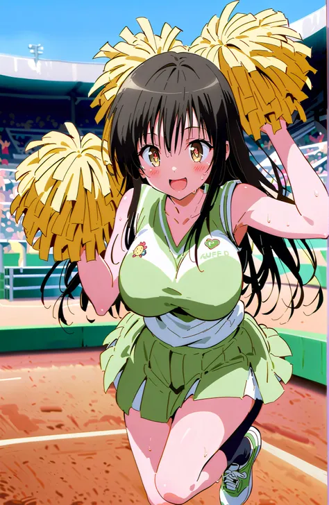 yuikotegawa,  Yui Kotegawa , black hair, brown eyes in the oral vagina,Glowing Skin,long hair,smile,blush,open your mouth,Big Breasts,breasts are shaking,(Cheerleading), (full body),  on chest, (sweated), sweated Wet Clothes, (green clothes),sleeveless, pl...