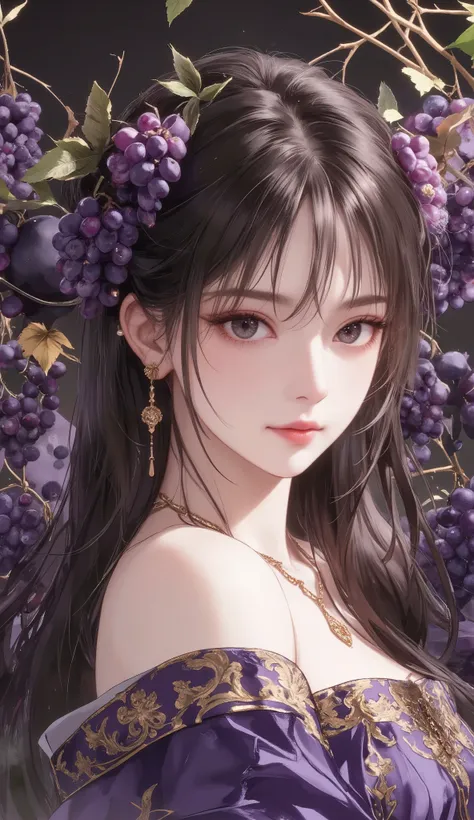 masterpiece, top quality, super res, perfect anatomy, female, Detailed Faces, Grape hair ornament、grape earring、Grape necklace、Decorate the entire frame with grapes like an arabesque pattern、Illustration of grapes on the background、dramatic, dynamic, absur...