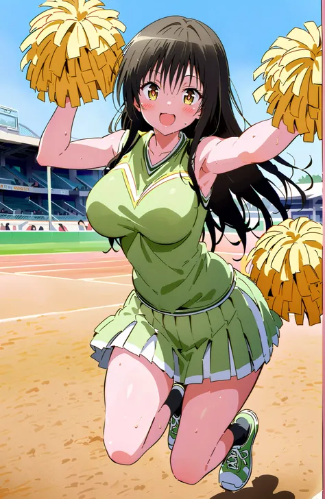yuikotegawa,  Yui Kotegawa , black hair, brown eyes in the oral vagina,Glowing Skin,long hair,smile,blush,open your mouth,Big Breasts,my heart is shaking,(Cheerleading), (full body),  on chest, (sweated), sweated Wet Clothes, (green clothes),sleeveless, pl...