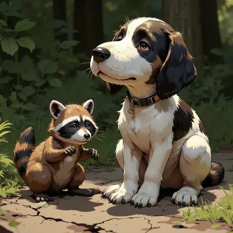 2animals,(the one is a Snoopy,Peanuts ),break,break,(the one is a raccoon)),break,break,hyper realism