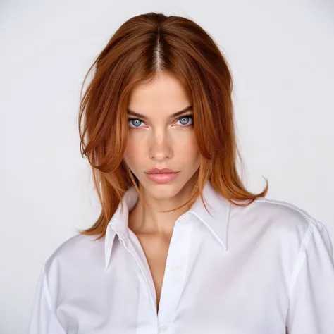 Journalist pose, meio corpo, intense red hair , white shirt