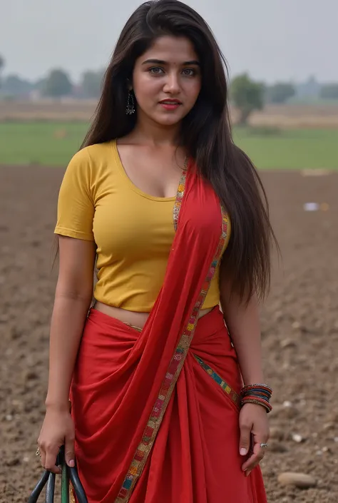 Rajasthani Village girl worked in field, Exhausted, Sweaty enough, Rajasthani Village Dress, beautiful eyes, Black Silky Long Hair, Muddy Hand, Standing with agri tools in field, Big Breast, Full Body Pose, Full Body photo, Looking Camera, Front Facing, Ha...