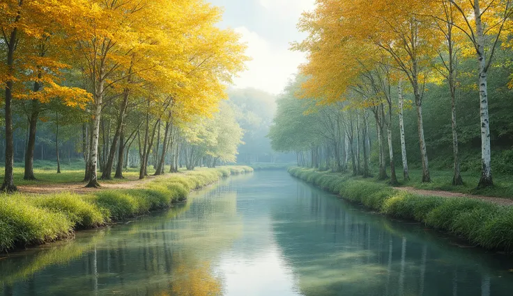 high image quality画像では、beautiful images(Extremely impressive SiveCG Unity 8k images),spectacular canal images of white birches in the woods,high image quality,Flower season,Seven Colored Detailed Flowers,realistic images、Blue sky passing through、fascinatin...