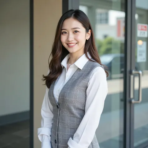 『1人の日本人の girl:1 . 3』『Actual photo:1 . 3』 top quality:1 . 2、((Big Breasts))、 I can see my chest just a little bit 、(( young woman))、(( red cheeks ))『 and she's smiling:1 . 9』、((( wearing a white coat is anatomically correct、 perfect anatomy、 wearing a white...