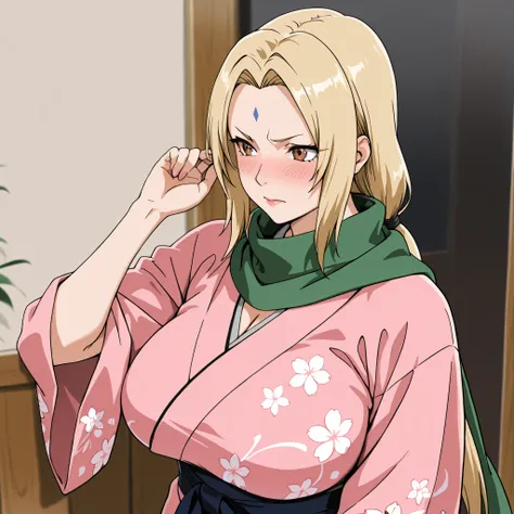 Tsunade, one girl, blonde hair , big breasts, brown eyes, forehead mark , face sign , cowboy picture,, Japanese clothes, Kimono, Hair ornament, blush, Flower of hair, pink Kimono, scarf, topple, flower print , Wide sleeves