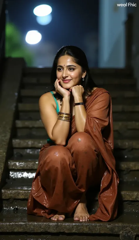 AnushkaShettyFlux , soft cinematic glow A woman sits on old stone steps in the rain, her saree soaked and clinging to her body. She rests her chin on one knee, her arms wrapped around her legs. She looks at the viewer with a soft, knowing smile, water drop...