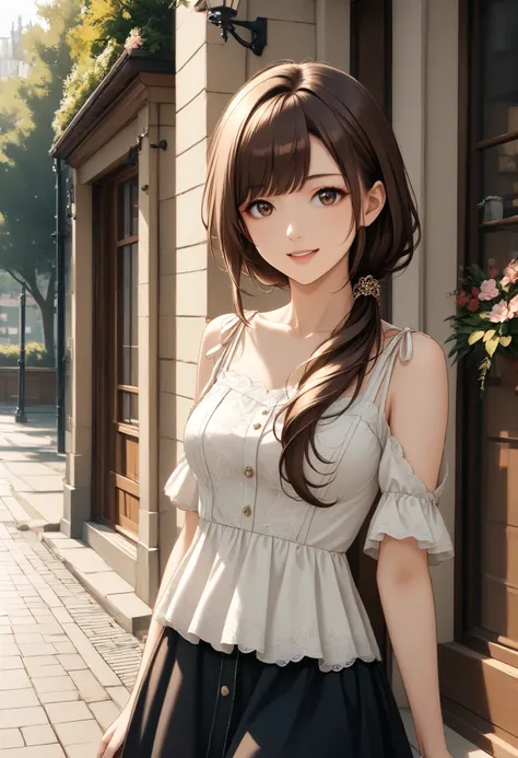 (masterpiece、top quality、Very Beautiful、Super Detail)、EXQUISITE DETAILS、4K、Akasumi 、Hair over the shoulder、brown hair、brown eyes in the oral vagina、long hair、medium breasts、Low Ponytail、、casual with short hem、smile、is standing、cowboy shot、Outdoors