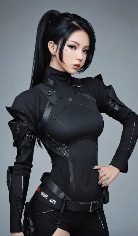 Woman in black with mask and all black cyberpunk clothes, wearing tech outfit and armor, photo of a woman in tech gear, dark sci-fi outfit, cyberpunk outfit, female assassin, futuristic tech costume, cyberpunk fashion clothes, jet black hair cyberpunk girl...