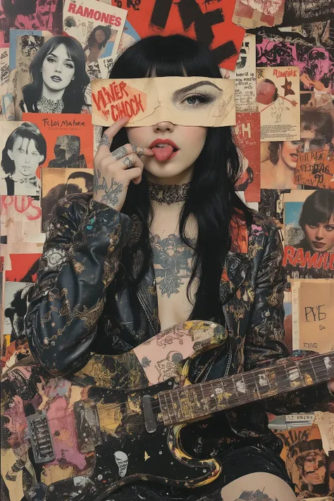 blinded half eye by drawing eye flyer,fashion portrait,fullbody,1girl,beautiful face,blunt bangs,beautiful black long hair,straight hair,glamour and sensuality,dynamic angle,pale skin,growing skin,feminin,punk girl,high-fashion aesthetic,sexy wears a Colla...