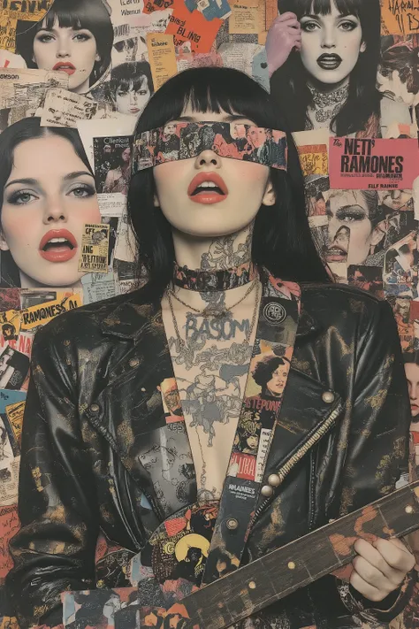 blind by drawing face flyer,fashion portrait,fullbody,1girl,beautiful face,blunt bangs,beautiful black long hair,straight hair,glamour and sensuality,dynamic angle,pale skin,growing skin,feminin,punk girl,high-fashion aesthetic,sexy wears a Collage pattern...
