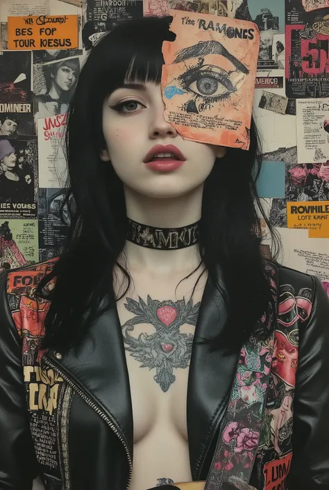 blinded half eye by drawing eye flyer,fashion portrait,fullbody,1girl,beautiful face,blunt bangs,beautiful black long hair,straight hair,glamour and sensuality,dynamic angle,pale skin,growing skin,feminin,punk girl,high-fashion aesthetic,sexy wears a Colla...
