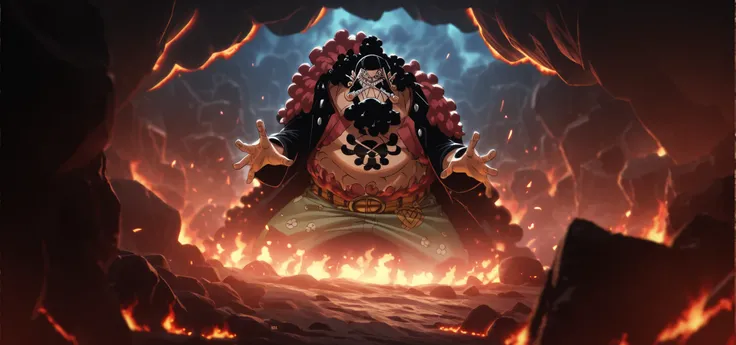 one piece,This image shows Blackbeard in a fierce battle stance, facing the viewer with outstretched arms. Surrounded by fiery lava and dark rocks, his sinister expression and imposing presence create an intense, dangerous atmosphere. The red and orange gl...