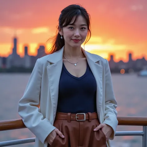 『1 Japanese girl:1.3』『realフォト:1.3』top quality:1.aggy big breasts、Slender figure ))、I can see my cleavage slightly、(( 40 year old woman))、Beautifully shaped belly button 、I'm not wearing makeup『showing teeth:1.9』、(((wearing a white coat is anatomically corr...