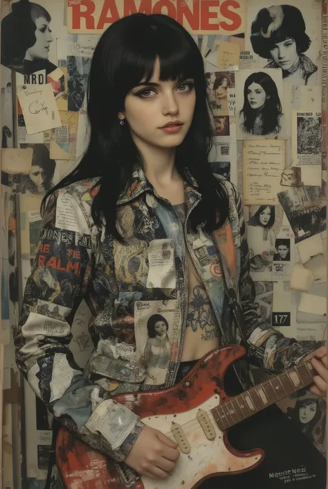 from side,fashion portrait,fullbody,1girl,beautiful face,blunt bangs,beautiful black long hair,straight hair,glamour and sensuality,dynamic angle,pale skin,growing skin,feminin,punk girl,high-fashion aesthetic,sexy wears a Collage pattern leather jacket, j...