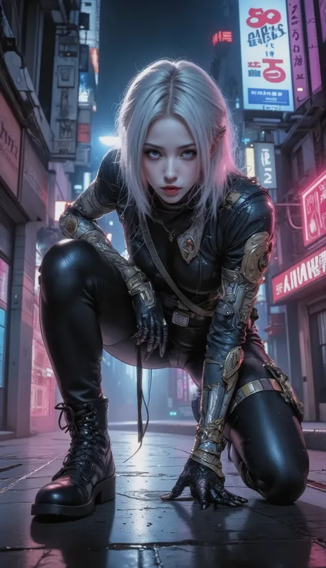 Young adult female character, Caucasian, crouching in a stylized, futuristic urban alleyway. Sharp, intense gaze, serious expression, conveying determination and focus. Short, straight, white hair, tied back. Deep blue eyes, high cheekbones, sharp jawl...