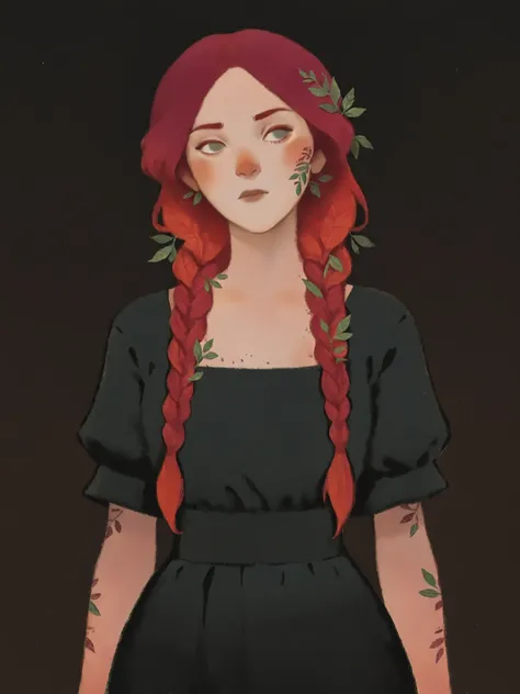 drki, close portrait, 1girl, solo, pale violet-skinned character, braided red hair, freckled, intricate leaf tattoos, black outfit, ethereal atmosphere, surreal lighting, fantasy aesthetic, painterly illustration, gouache painting, soft lighting illustrati...