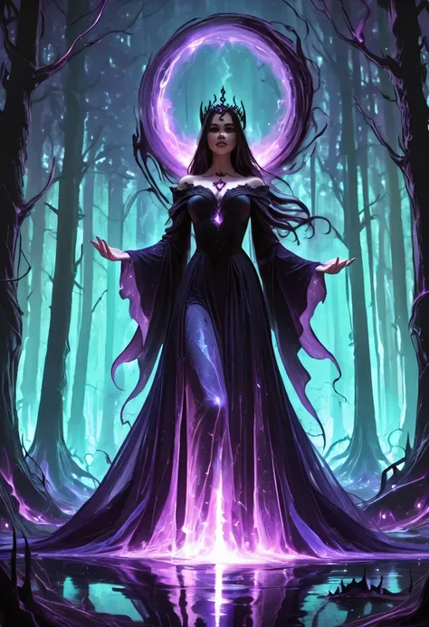 An abstract digital wave of an evil character takes form, a dark fairy tale figure with flowing raven hair that sways like shadows in the night. Dressed in a deep purple gown, it billows with the essence of dark magic, swirling in fantastical patterns that...