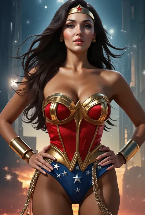 hande ercel as wonder woman, detailed portrait, beautiful woman with long dark hair, blue eyes, fair skin, strong jawline, confident expression, heroic pose with hands on hips, wearing iconic red and blue wonder woman costume with golden tiara, lasso of tr...