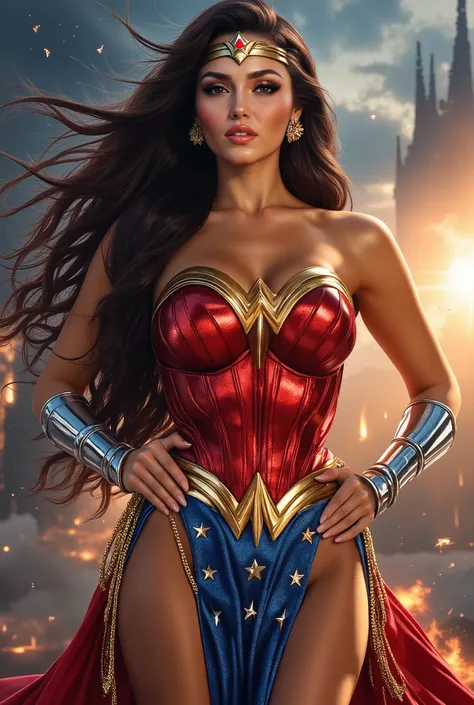 hande ercel as wonder woman, detailed portrait, beautiful woman with long dark hair, blue eyes, fair skin, strong jawline, confident expression, heroic pose with hands on hips, wearing iconic red and blue wonder woman costume with golden tiara, lasso of tr...