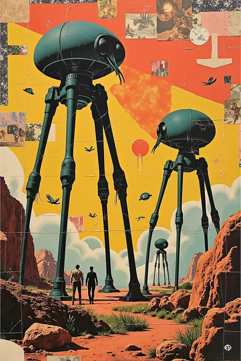 A collage of War of the Worlds made from cut-outs from pulp magazines, with the unevenness and texture of pasted-on paper, It is made by pasting together many pieces of paper cut out from magazines,