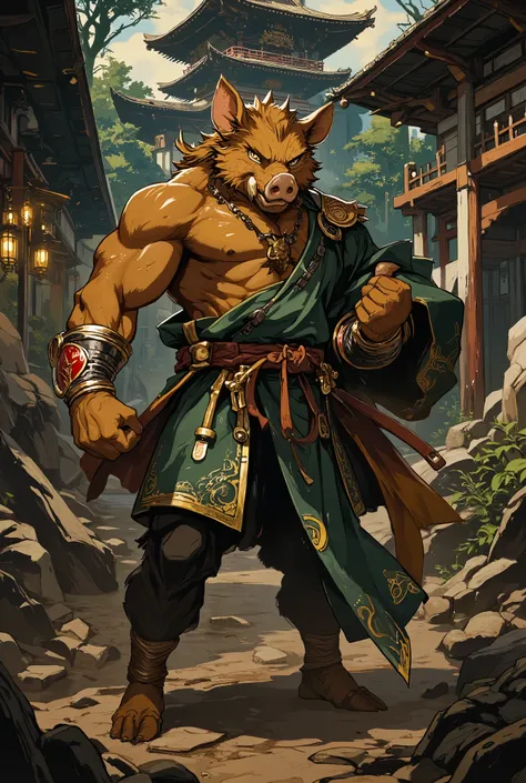 1 muscular boar man in Japanese clothes, muscular body, dynamic view, dynamic angle, best quality, 4k, high resolution, masterpiece, ultra-detailed, realistic, photorealistic, photo-realistic, HDR, UHD, studio lighting, ultra-fine painting, sharp focus, ph...