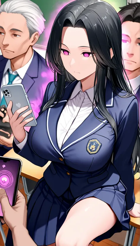 ( From the above:1.3)、( cute girls1人:1.3), cute girls, Black Hair Long Hair 、 uniform, white underwear:1.1, ( above clothes:1.3, bras :1.2), viewers, ( expressionless ), ( boy holding a smartphone , mind control app :1.2), Classroom, not suit...