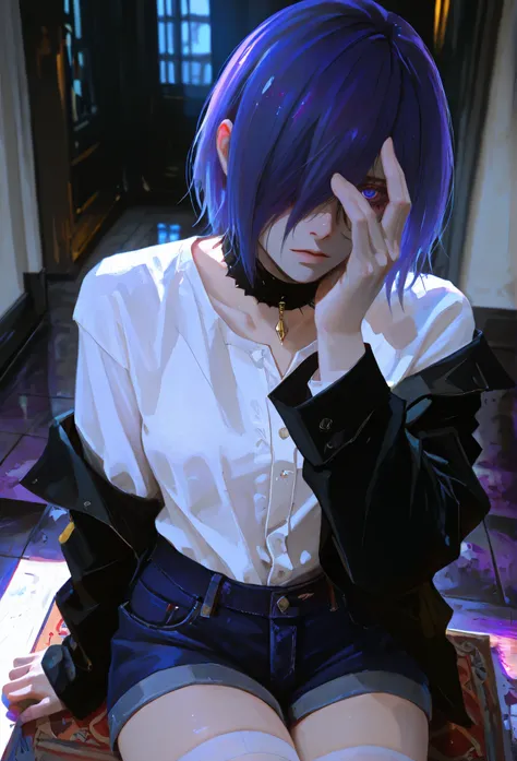 highly detailed, ultra-detailed, finely crafted features, Cinematic lighting, photorealistic, Moody Atmosphere, a young girl, ((short blue-purple hair covering left side of her face: covering one eye)), ((blue- purple eye)), calm face features, Beautiful...