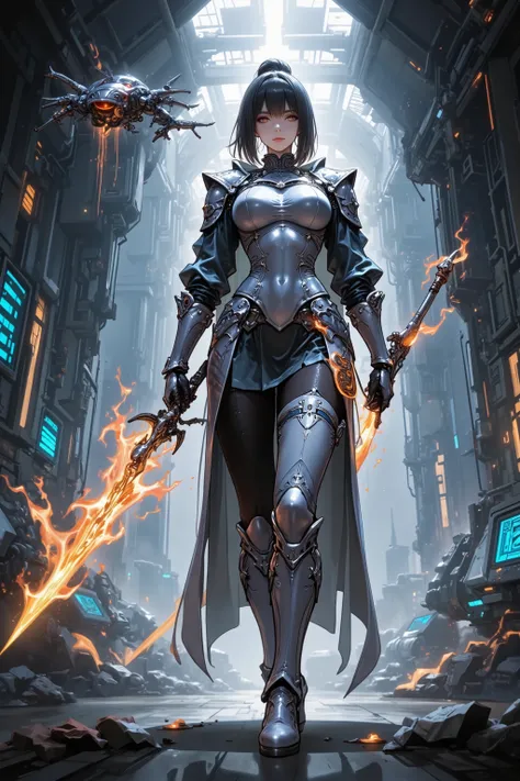 Feminine Mecha Knight, Leotard Armor, energy skirt armor, Floating Guard Drone, flame tongue whip
