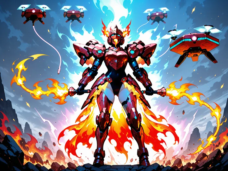 Feminine Mecha Knight, Leotard Armor, energy skirt armor, Floating Guard Drone, flame tongue whip