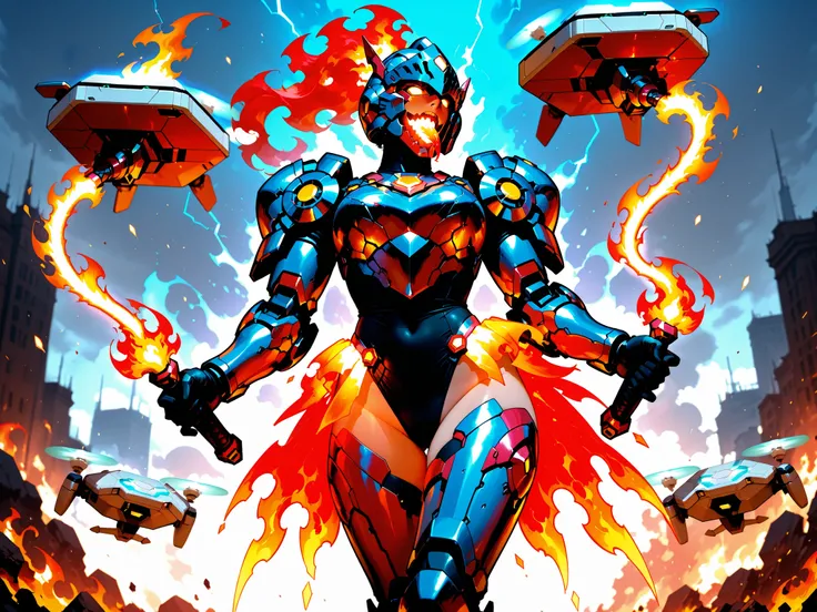 Feminine Mecha Knight, Leotard Armor, energy skirt armor, Floating Guard Drone, flame tongue whip