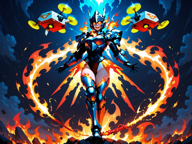 Feminine Mecha Knight, Leotard Armor, energy skirt armor, Floating Guard Drone, flame tongue whip