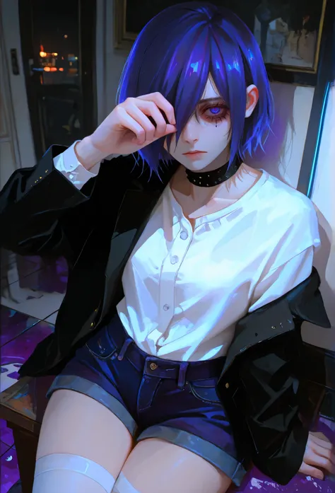 highly detailed, ultra-detailed, finely crafted features, Cinematic lighting, photorealistic, Moody Atmosphere, a young girl, ((short blue-purple hair covering left side of her face: covering one eye)), ((blue- purple eye)), calm face features, Beautiful...
