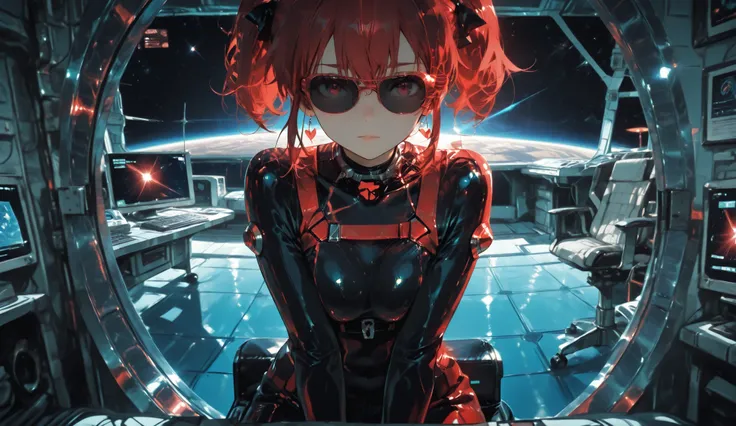 beautiful anime female sitting in dark room in space station, big circle window behind her, mysterious spotlight on female from above sunglasses red out fit