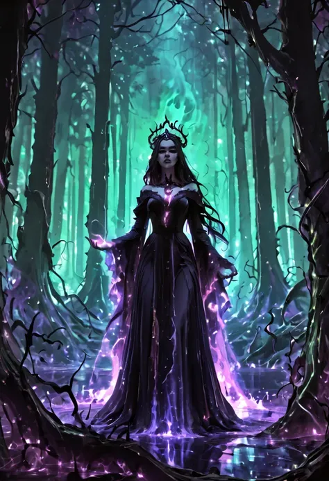 An abstract digital wave of an evil character takes form, a dark fairy tale figure with flowing raven hair that sways like shadows in the night. Dressed in a deep purple gown, it billows with the essence of dark magic, swirling in fantastical patterns that...