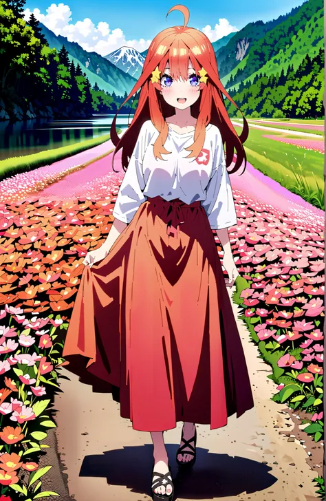 Nakano Mizuki , long hair, blue eyes, Hair Ornament, red hair,star (  symbol ), Half Rim Glasses, star Hair Ornament,Big Breasts,cleavage,smile,blush,open your mouth,white oversized t-shirt, one shoulder, red long skirt,sandals,is standing,Flower Field,riv...