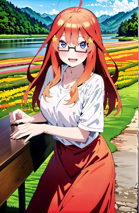 Nakano Mizuki , long hair, blue eyes, Hair Ornament, red hair,star (  symbol ), Half Rim Glasses, star Hair Ornament,Big Breasts,cleavage,smile,blush,open your mouth,white oversized t-shirt, one shoulder, red long skirt,sandals,is standing,Flower Field,riv...