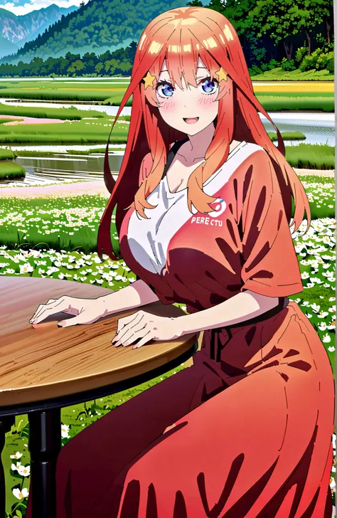 Nakano Mizuki , long hair, blue eyes, Hair Ornament, red hair,star (  symbol ), Half Rim Glasses, star Hair Ornament,Big Breasts,cleavage,smile,blush,open your mouth,white oversized t-shirt, one shoulder, red long skirt,sandals,is standing,Flower Field,riv...